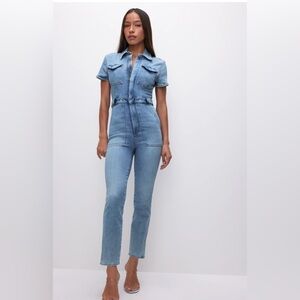 Good American Denim Jumpsuit Women’s Size 2 (S) Blue Short Sleeve Utility Zip Up